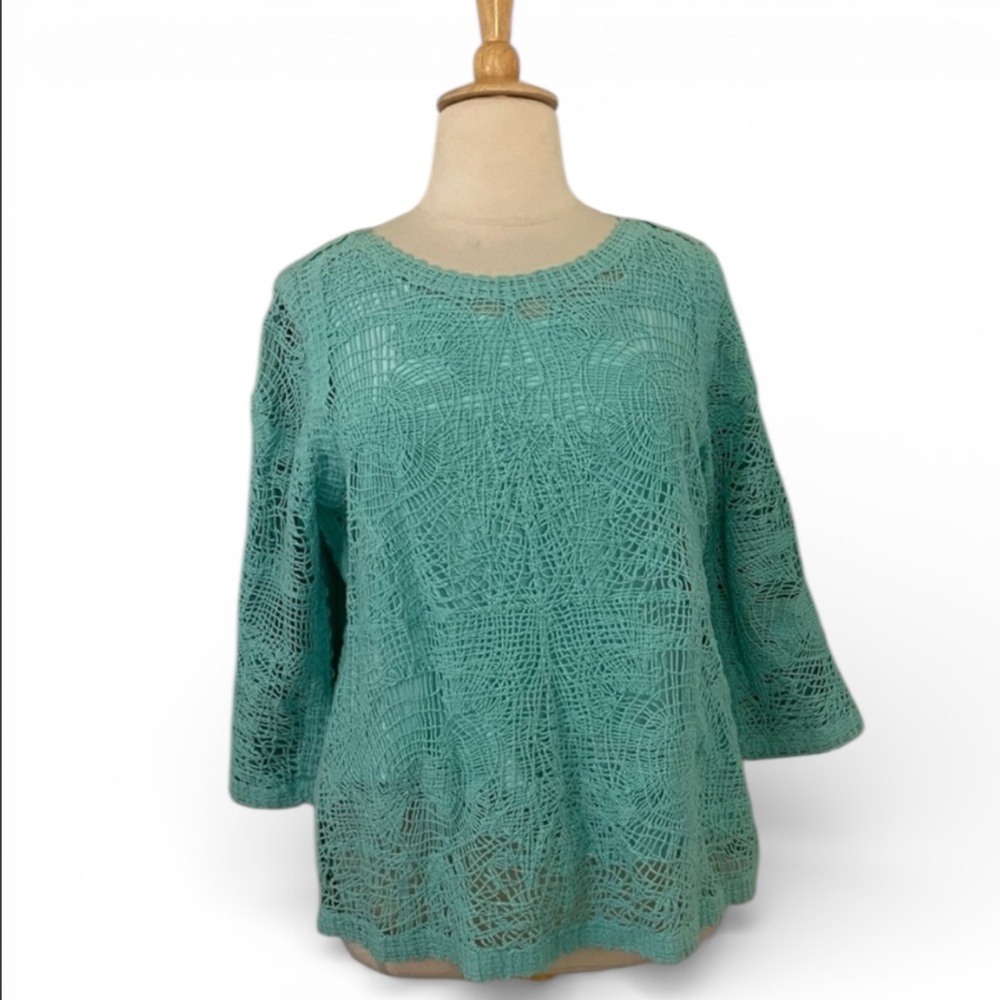Soft Surroundings Turquoise Top Women’s XL Crochet 3/4 Sleeve Crew Neck Boho